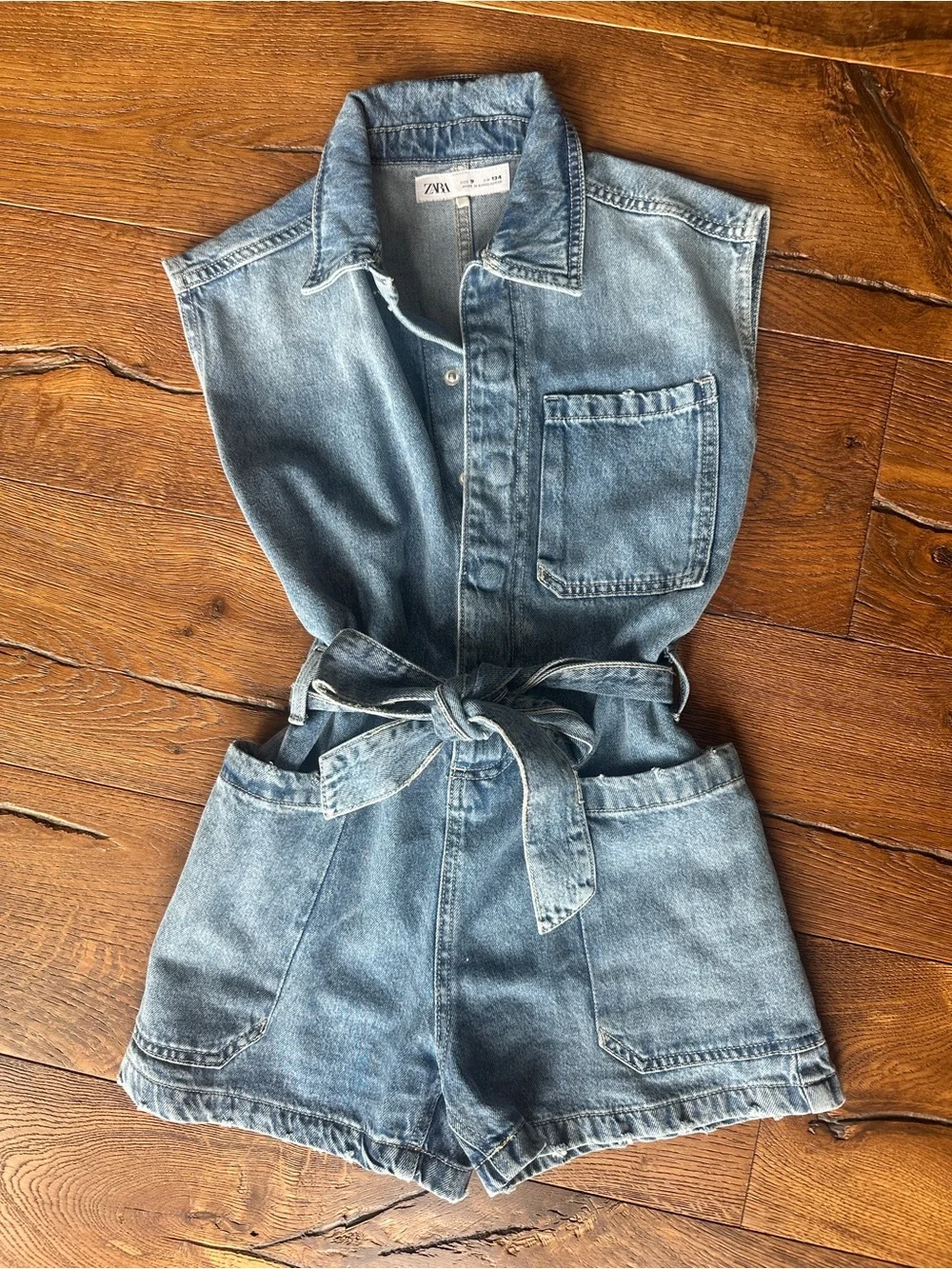 Zara Light Blue Denim Tie-Waist Short Romper